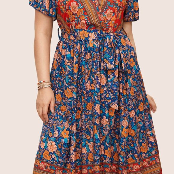 NEW Bandana Surplice Neck Pocket Belted Flutter Hem Maxi Dress Plus Size 2X - Picture 2 of 9